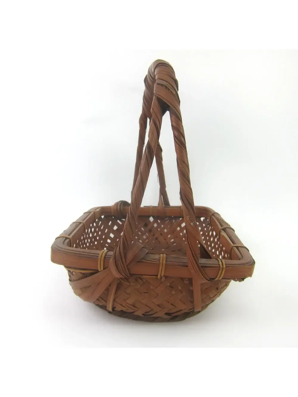Japanese Ikebana Woven Bamboo Flower Basket 10x7 Rectangle Handle Vintage 1930s